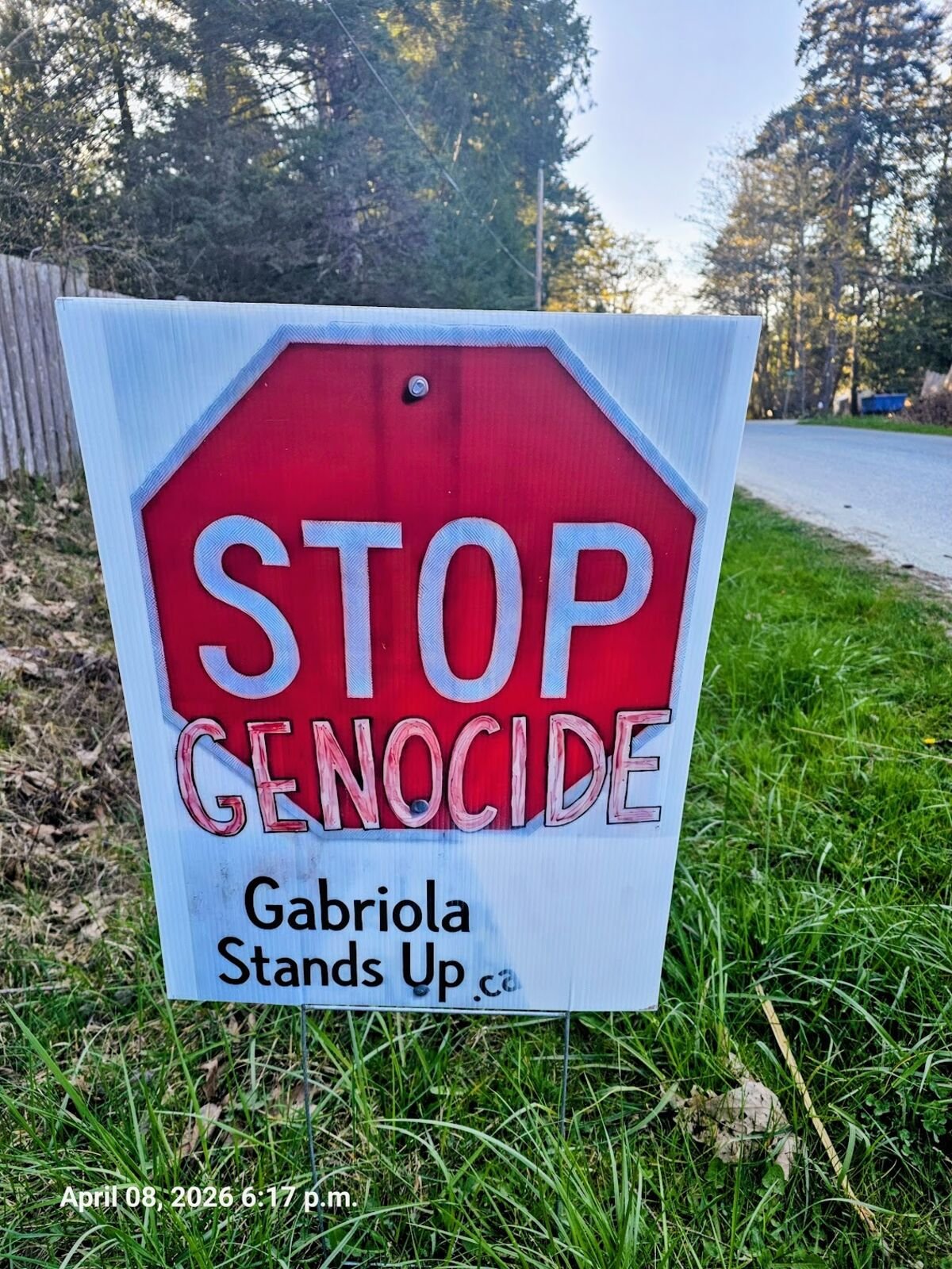Alex Strachan's sign on his Gabriola property — March 12, 2026