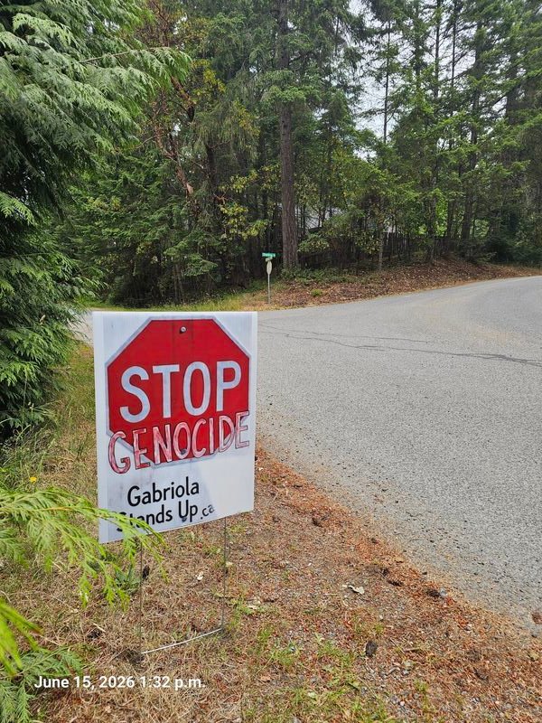 Sign #69 Sammie's Stop Genocide sign on Pat Burns Road, Gabriola