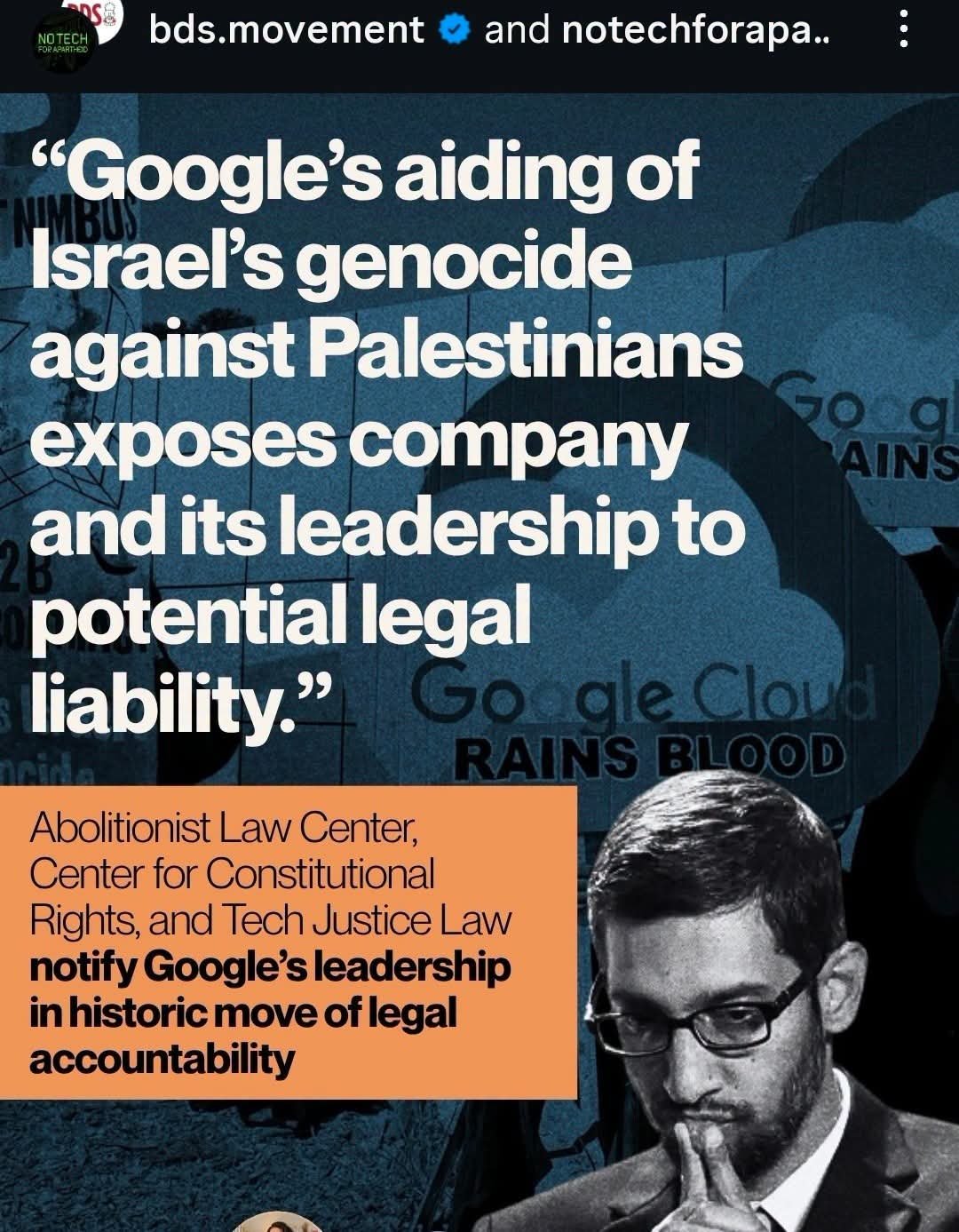 BDS Movement and No Tech for Apartheid post on Google and legal accountability