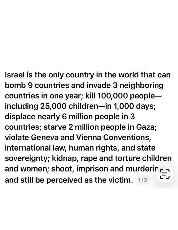 Post on Israel bombing 9 countries, invading 3, and killing 100,000 people including 25,000 children in 1,000 days