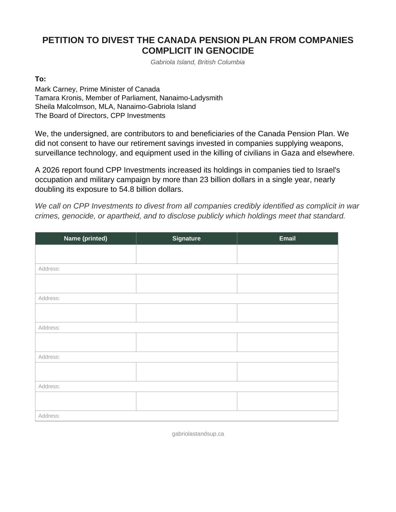 Petition to Divest the Canada Pension Plan from Companies Complicit in Genocide