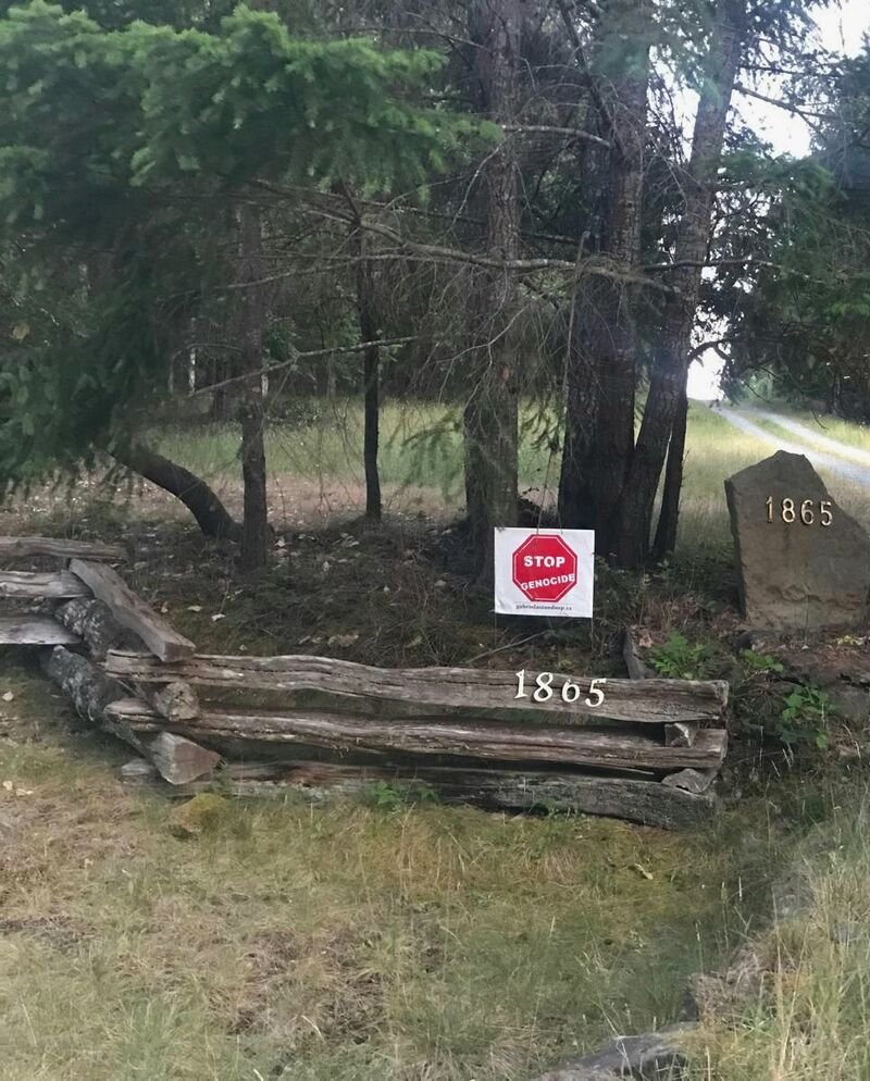 Tad and Magdalena's Stop Genocide sign on Seymour Road, Gabriola