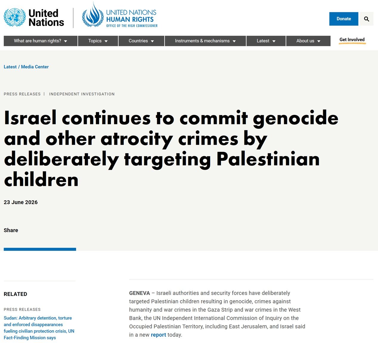 UN Human Rights press release: Israel continues to commit genocide and other atrocity crimes by deliberately targeting Palestinian children, 23 June 2026